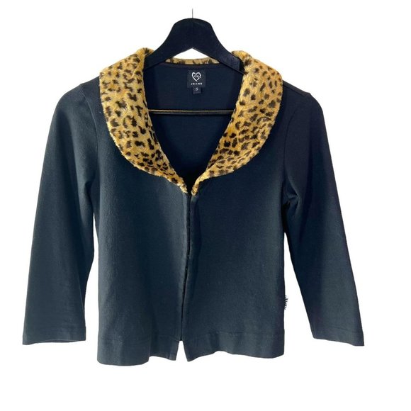 Vintage Sweaters - Vintage 90s Black Leopard Print Fuzzy Collar Cardigan Small